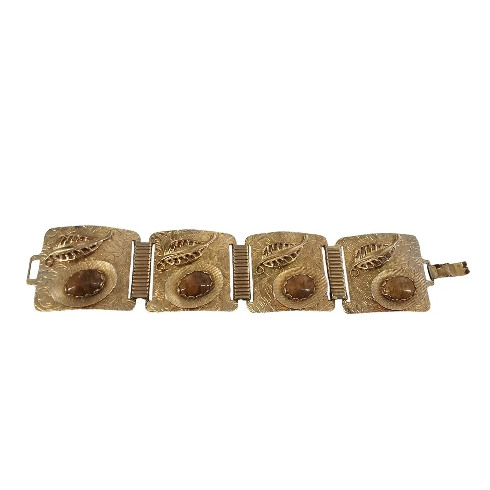Vintage‎ 1970s Brutalist Tiger's Eye 5-Panel Link Bracelet Gold Tone 8